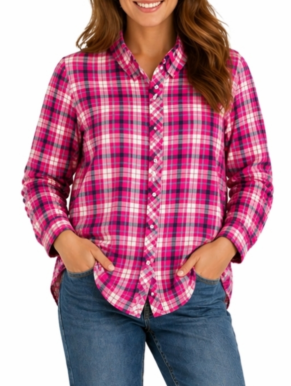 Talbots 100% Soft Cotton Pink Blue White Plaid Long Sleeve Button Down Shirt